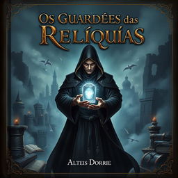 A captivating book cover illustration for "Os Guardiões das Relíquias", featuring a dark and atmospheric background of an ancient city shrouded in mist