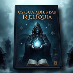 A captivating book cover illustration for "Os Guardiões das Relíquias", featuring a dark and atmospheric background of an ancient city shrouded in mist