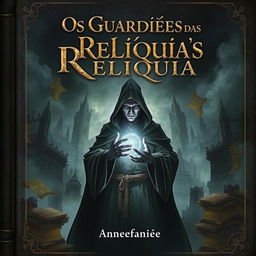 A captivating book cover illustration for "Os Guardiões das Relíquias", featuring a dark and atmospheric background of an ancient city shrouded in mist