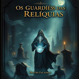 A captivating book cover illustration for "Os Guardiões das Relíquias", featuring a dark and atmospheric background of an ancient city shrouded in mist