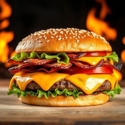 A realistic and mouthwatering double patty cheeseburger, showcasing two thick, perfectly grilled beef patties with char marks