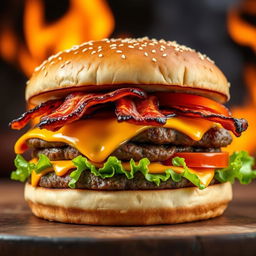 A realistic and mouthwatering double patty cheeseburger, showcasing two thick, perfectly grilled beef patties with char marks