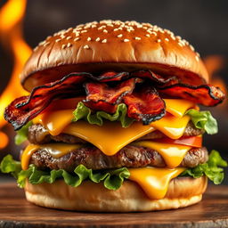 A realistic and mouthwatering double patty cheeseburger, showcasing two thick, perfectly grilled beef patties with char marks