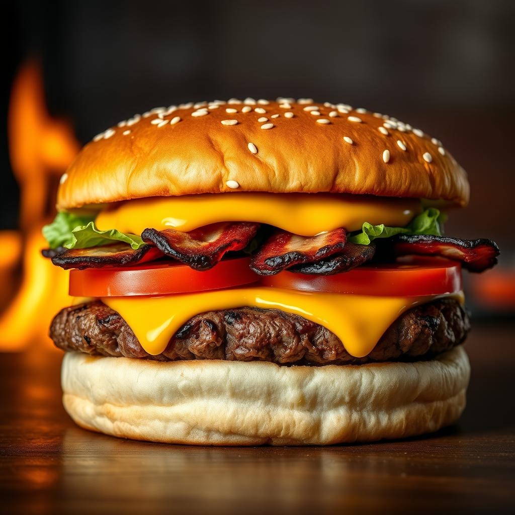 A realistic and mouthwatering double patty cheeseburger, showcasing two thick, perfectly grilled beef patties with char marks