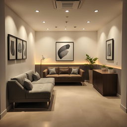 A small commercial break room interior featuring a comfortable modern sofa as the central piece