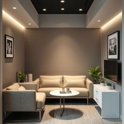 A small commercial break room interior featuring a comfortable modern sofa as the central piece