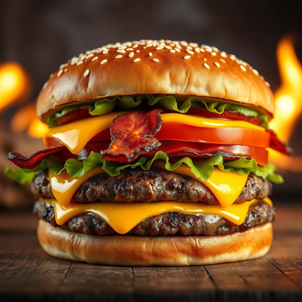 A realistic and mouthwatering double patty cheeseburger, showcasing two thick, perfectly grilled beef patties with char marks