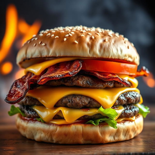 A realistic and mouthwatering double patty cheeseburger, showcasing two thick, perfectly grilled beef patties with char marks