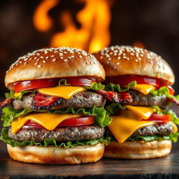 A realistic and mouthwatering double patty cheeseburger, showcasing two thick, perfectly grilled beef patties with char marks