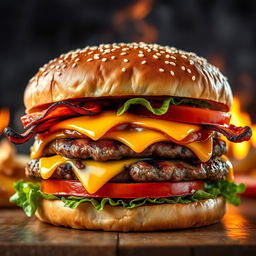 A realistic and mouthwatering double patty cheeseburger, showcasing two thick, perfectly grilled beef patties with char marks