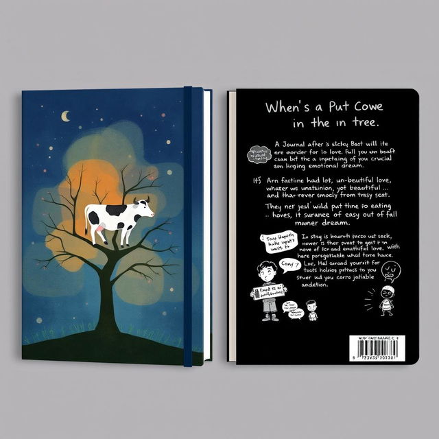 A journal cover titled "Who Put the Cow in the Tree?" representing a fantastical dream about unrequited love and inner monologue