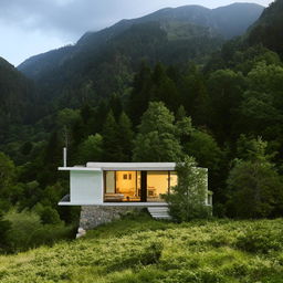 A tranquil house nestled on a steep mountain, enveloped by lush wilderness.