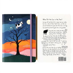 A journal cover titled "Who Put the Cow in the Tree?" representing a fantastical dream about unrequited love and inner monologue