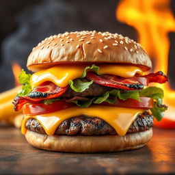 A realistic and mouthwatering double patty cheeseburger, showcasing two thick, perfectly grilled beef patties with char marks