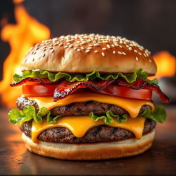 A realistic and mouthwatering double patty cheeseburger, showcasing two thick, perfectly grilled beef patties with char marks