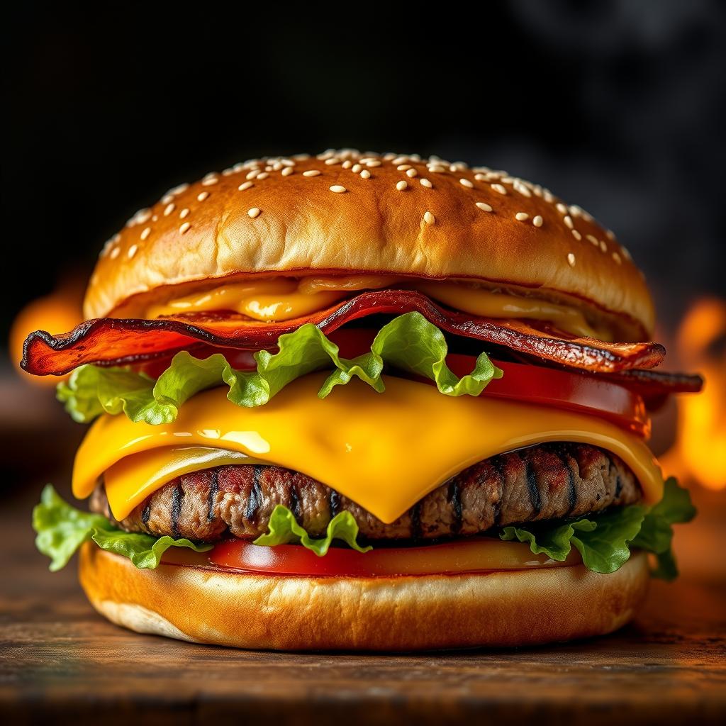 A realistic and mouthwatering double patty cheeseburger, showcasing two thick, perfectly grilled beef patties with char marks