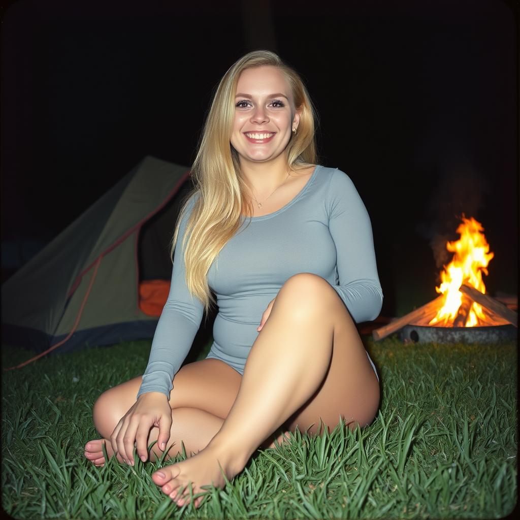 Analog photo of a chubby woman with long blonde hair, smiling happily with gorgeous and perfect eyes