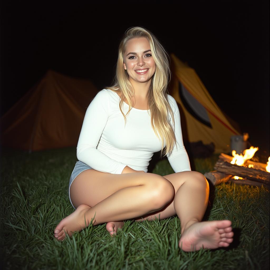 Analog photo of a chubby woman with long blonde hair, smiling happily with gorgeous and perfect eyes