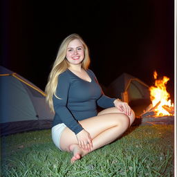 Analog photo of a chubby woman with long blonde hair, smiling happily with gorgeous and perfect eyes