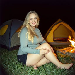 Analog photo of a chubby woman with long blonde hair, smiling happily with gorgeous and perfect eyes