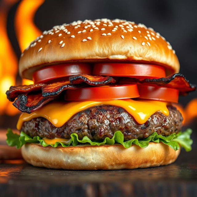 A realistic and mouthwatering double patty cheeseburger, showcasing two thick, perfectly grilled beef patties with char marks