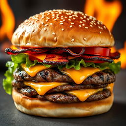 A realistic and mouthwatering double patty cheeseburger, showcasing two thick, perfectly grilled beef patties with char marks