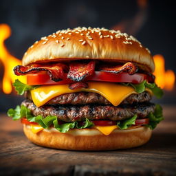 A realistic and mouthwatering double patty cheeseburger, showcasing two thick, perfectly grilled beef patties with char marks