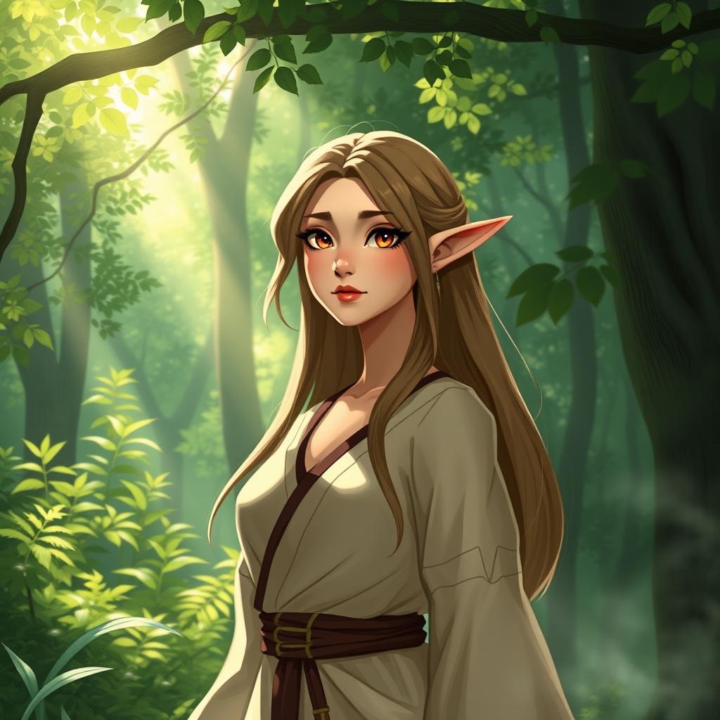 A semi-elf character with pointed ears, gracefully standing in a lush forest