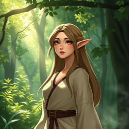 A semi-elf character with pointed ears, gracefully standing in a lush forest