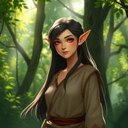 A semi-elf character with pointed ears, gracefully standing in a lush forest