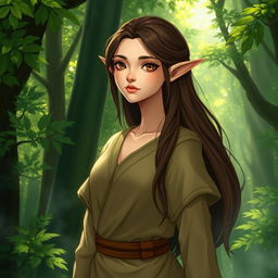 A semi-elf character with pointed ears, gracefully standing in a lush forest