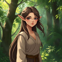 A semi-elf character with pointed ears, gracefully standing in a lush forest