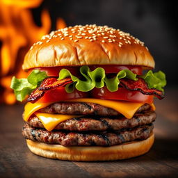 A realistic and mouthwatering double patty cheeseburger, showcasing two thick, perfectly grilled beef patties with char marks