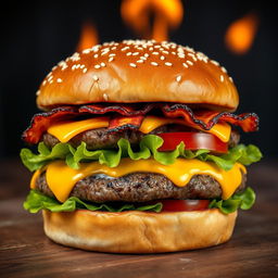 A realistic and mouthwatering double patty cheeseburger, showcasing two thick, perfectly grilled beef patties with char marks