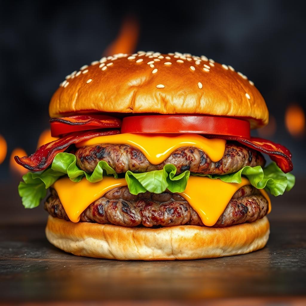 A realistic and mouthwatering double patty cheeseburger, showcasing two thick, perfectly grilled beef patties with char marks