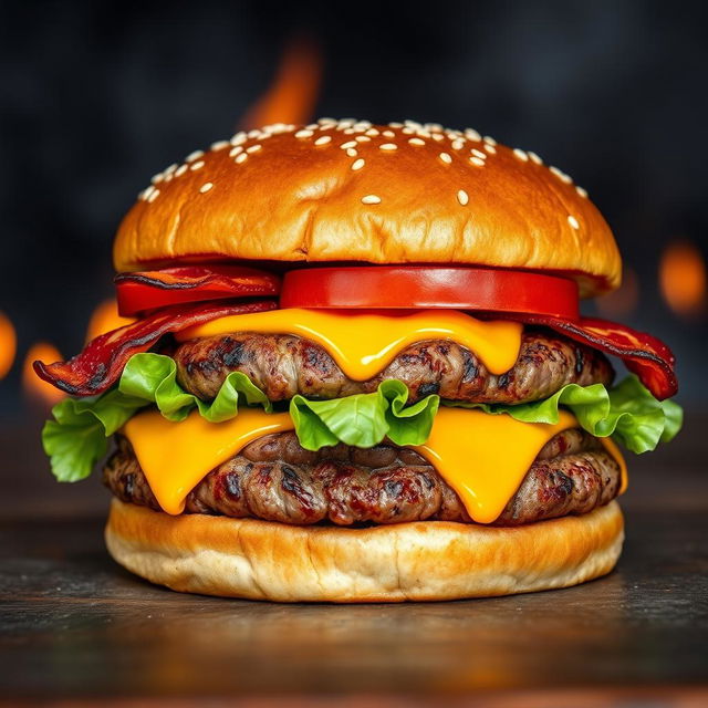 A realistic and mouthwatering double patty cheeseburger, showcasing two thick, perfectly grilled beef patties with char marks