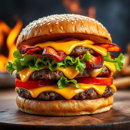 A realistic and mouthwatering double patty cheeseburger, showcasing two thick, perfectly grilled beef patties with char marks