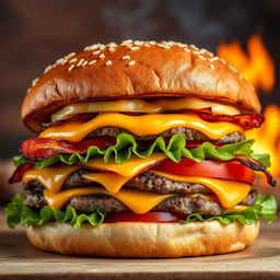 A realistic and mouthwatering double patty cheeseburger, showcasing two thick, perfectly grilled beef patties with char marks