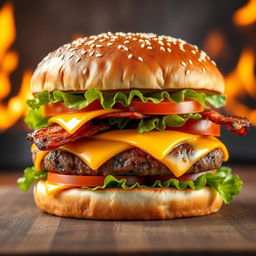 A realistic and mouthwatering double patty cheeseburger, showcasing two thick, perfectly grilled beef patties with char marks