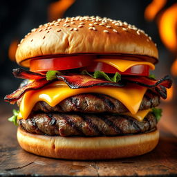 A realistic and mouthwatering double patty cheeseburger, showcasing two thick, perfectly grilled beef patties with char marks