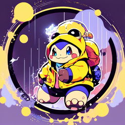 Anime-style Blastoise in Supreme yellow rain jacket within a funky circle border. Image features particles and glitch effects with a lo-fi aesthetic.