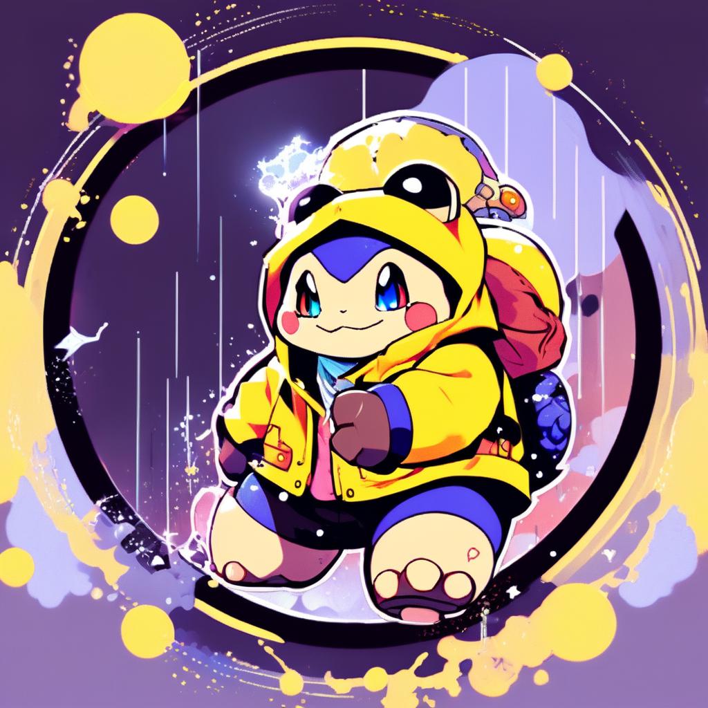 Anime-style Blastoise in Supreme yellow rain jacket within a funky circle border. Image features particles and glitch effects with a lo-fi aesthetic.