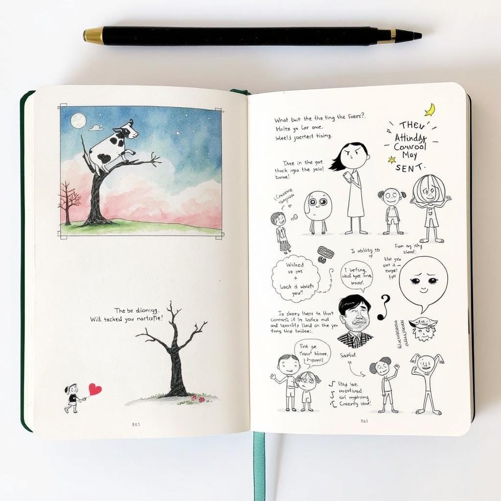 A journal interior design with the theme "Who Put the Cow in the Tree?" Continuing from the fantastical dream concept about unreciprocated love and an ongoing inner monologue