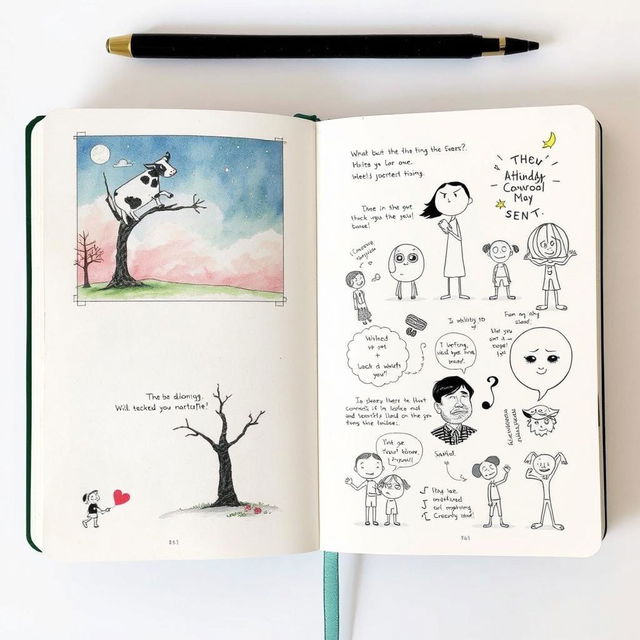 A journal interior design with the theme "Who Put the Cow in the Tree?" Continuing from the fantastical dream concept about unreciprocated love and an ongoing inner monologue