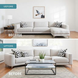 Modern living room design focusing on updating the sofa and coffee table