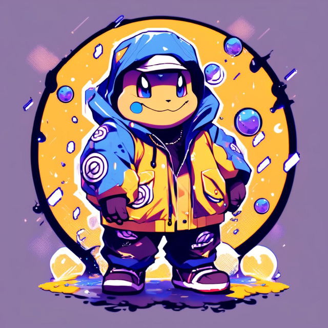 Anime-style Blastoise in Supreme yellow rain jacket within a funky circle border. Image features particles and glitch effects with a lo-fi aesthetic.