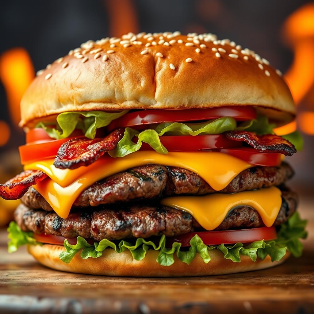 A realistic and mouthwatering double patty cheeseburger, showcasing two thick, perfectly grilled beef patties with char marks