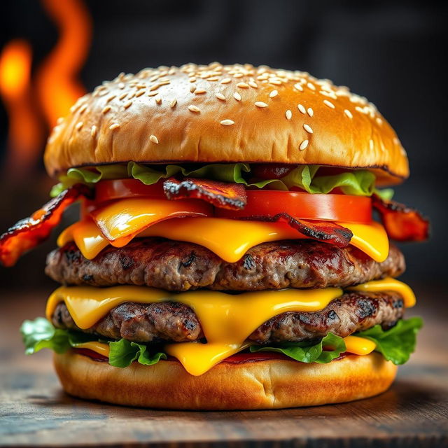 A realistic and mouthwatering double patty cheeseburger, showcasing two thick, perfectly grilled beef patties with char marks