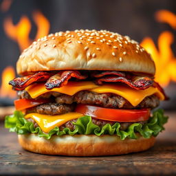 A realistic and mouthwatering double patty cheeseburger, showcasing two thick, perfectly grilled beef patties with char marks