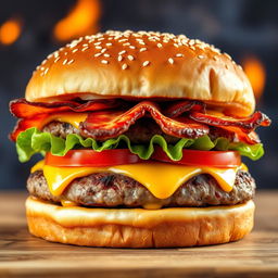 A realistic and mouthwatering double patty cheeseburger, showcasing two thick, perfectly grilled beef patties with char marks